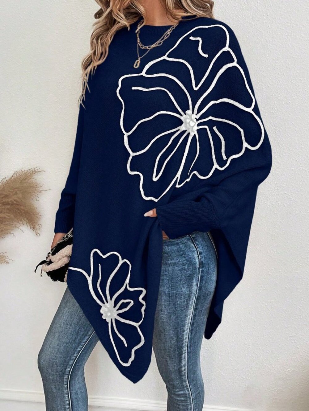 Blue Casual Women's Chic Floral Oversized Knit Top